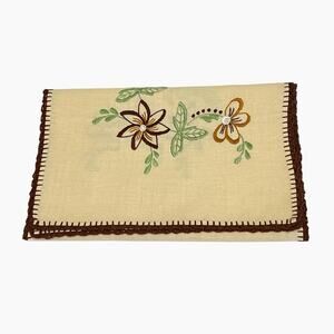 Table Runner Beige Brown Crocheted Edge Green Floral Embroidery Farmhouse 34x13